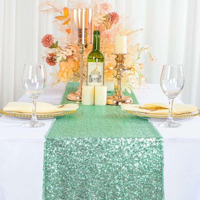 ShiDianYi 12''*72'' Mint Green Sequin Table Runner Sparkly Metallic Sequin Runner for Wedding Party Dinner Reception Light Green Christmas Table Runner 72 Inches Long Sequence Table Runner - Image 1